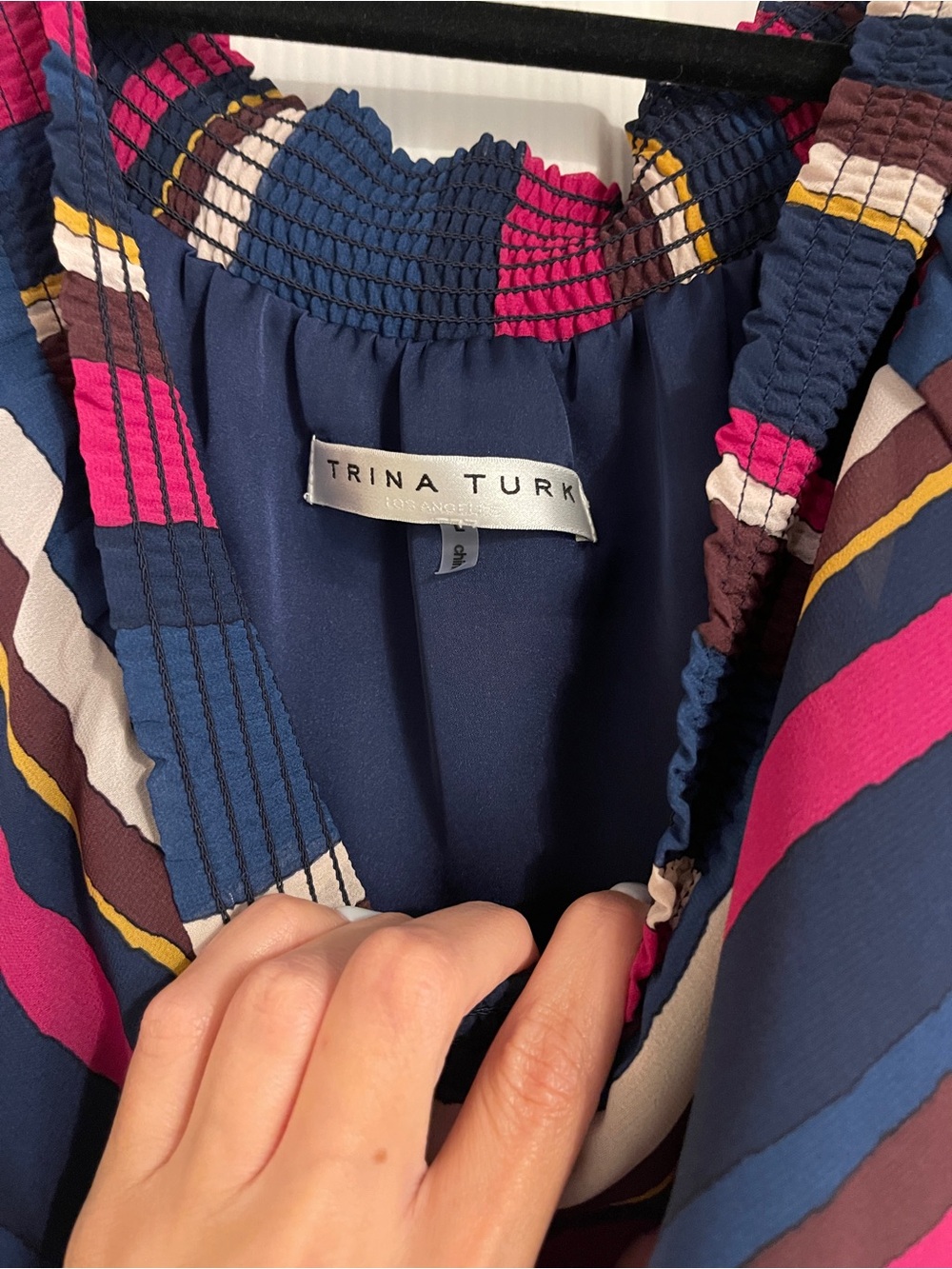 NWOT Trina Turk Navy, Pink and Teal Off-Shoulder Striped Mini Dress - Picture 4 of 4